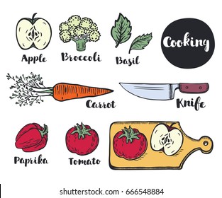 Vector set of colorful vector icons' set of fruits and vegetables. Isolated creative design healthy life objects. Vegetarian and vegan food halftone