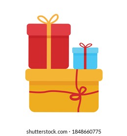Juego de vectores de coloridos iconos de las cajas de regalo. Diseño plano para regalo de Navidad, Día de San Valentín, cumpleaños con fondo blanco. Concepto de símbolo, signo y pegatina.
