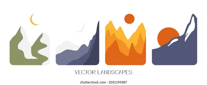 Vector set of colorful icons-logo emblems with abstract landscapes. Modern illustration for social networks. Vacation badge and emblem for holiday rentals, travel services and beauty studios