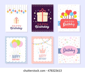 Vector set of colorful illustration. Happy birthday template poster with pink crown, gift box, ribbon, bunch of balloons, chinese lanterns, lollipops, stars, text on white background. Flat style card