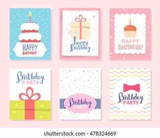 Vector set of colorful illustration. Happy birthday template poster with cake with candle, bow tie, gift box, pattern, stars, text on white background. Flat style hand drawn design for greeting card