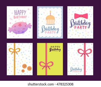 Vector set of colorful illustration. Happy birthday template poster with cake with candle, candy, bow tie, red ribbon, stars, text on white background. Flat style hand drawn design for greeting card