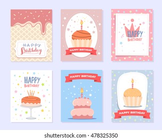 Vector set of colorful illustration. Happy birthday template poster with pink crown, cake with candle, red ribbon, ice cream, stars, text on white background. Flat style hand drawn card design