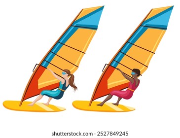 Conjunto de vetor de windsurf ilustração colorida em estilo plano. Coleção com mulheres africanas e europeias surfistas isoladas da origem. Estilo de vida ativo de verão. Atividades de férias