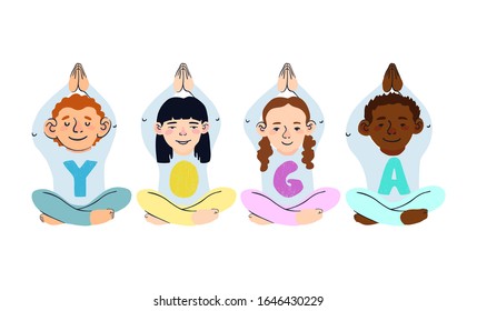 Vector set with colorful illustrations of children doing yoga different yoga poses or gymnastic exercises, isolated on white background