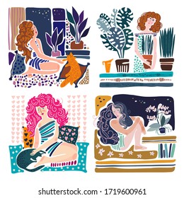 Vector set of colorful illustrations of a girls sitting on at home and a windowsill with a drink and cat and plants. The design is perfect for postcards, advertisements, posters, t-shirts and hoodies.