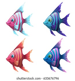 Vector set of colorful illustrations of sea fish. Exotic fish. Figures for children.