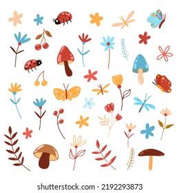 Conjunto vectorial de coloridas imágenes de elementos forestales con setas, mariposas, ladybugs, flores y bayas.