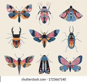 Vector set of colorful insects with hand drawn abstract texture. Beetle, butterfly, moth collection. Isolated on white.