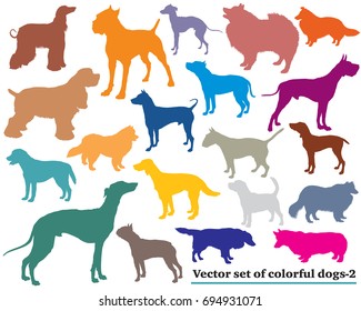 Vector set of colorful isolated different breeds dogs silhouettes on white backround. Part 2 