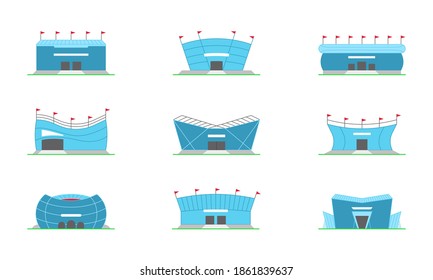 Vector set of colorful isolated icons of arenas, stadiums. Minimalistic in a flat style. Design template for sites, applications, design in blue color on a white background.