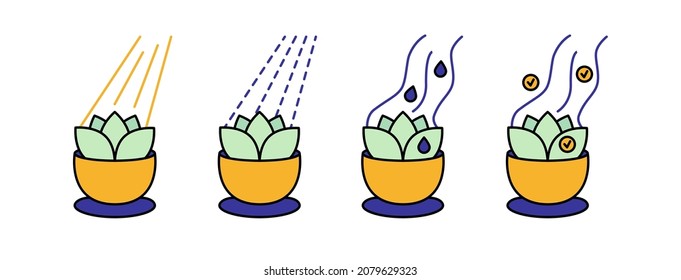 Vector set of colorful isolated illustrations of house plant care. Sunshine, sprayer, watering, fertilizer. Potted plant collection, icons