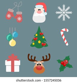 Vector set of colorful items related to Christmas and New Year theme. Elements for greeting cards. Christmas vector set with Santa Claus, present, candy, tree, holly, snowflake, balls, gloves, deer.