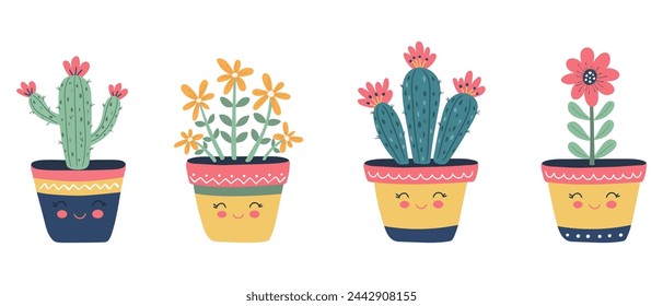 Vector set of colorful kawaii potted cacti and flowers. Cute and happy cartoon characters.