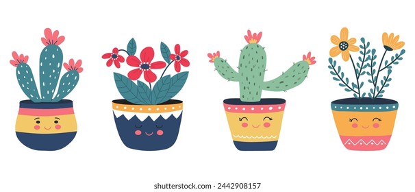 Vector set of colorful kawaii potted cacti and flowers. Cute and happy cartoon characters.