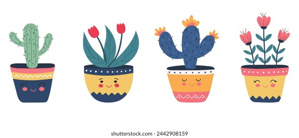 Vector set of colorful kawaii potted cacti and flowers. Cute and happy cartoon characters.