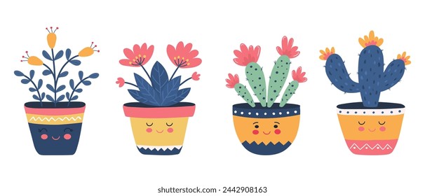 Vector set of colorful kawaii potted cacti and flowers. Cute and happy cartoon characters.