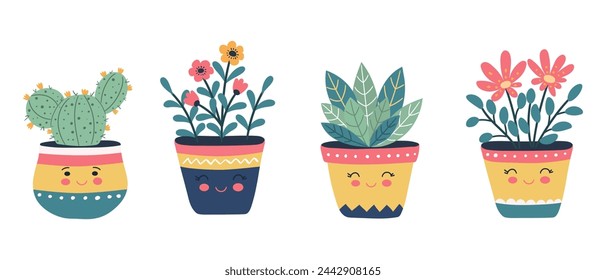 Conjunto de vectores de cactus y flores coloridas en macetas de kawaii. Personajes de dibujos animados lindos y felices.