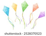 Vector set of colorful kites. Soaring kite isolated on white