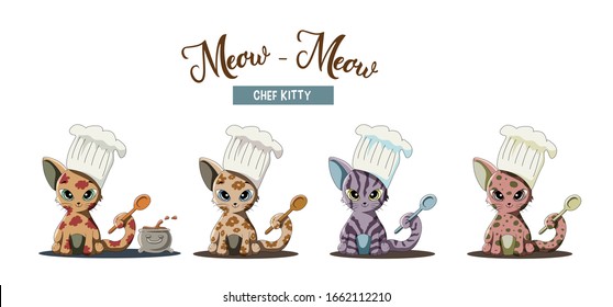 Vector set of colorful kitten chefs. Cute cartoon cat character.