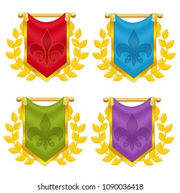 Vector set of colorful knight flags with laurel suspended on the golden pole. Elements isolated on white background. Perfect for games or other design works