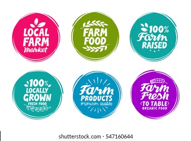 Vector Set Colorful Labels For Food, Nutrition. Farm Collection Icons