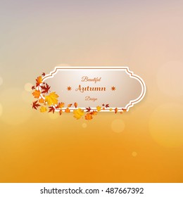 Vector set of colorful leaves with label design. Autumn vector design and bokeh background.