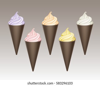 Vector set of Colorful Light Lilac Pink Yellow White Soft Serve Ice Cream Waffle Cone of Different tastes in Dark Brown Carton Wrapper Close up Isolated on White Background