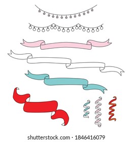 Vector set of colorful line art garlands and streamers isolated on white background. Illustration of Christmas concept. For stickers, decor, design, congratulation cards, and print.