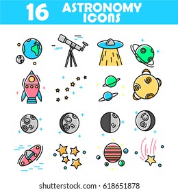 Vector set of colorful line icons. Astronomy Day, science and space theme.