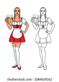 Vector set of colorful and line illustration of a pretty cute waitress with a mug of bear. Cute Character of pretty waitress from oktoberfest festival