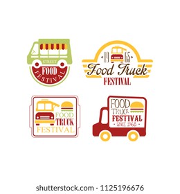 Vector set of colorful logo templates for food truck festival. Burger cafe on wheels. Street eating