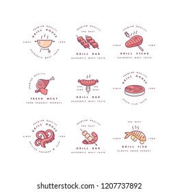 Vector set of colorful logos design and templates for grill house. Meat emblems or badges of steak, sausage. fish and other types of meat