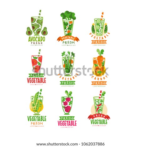 Vector set of colorful logos with natural juices from fresh vegetables. Healthy beverage. Veggie nutrition. Tasty drink.
