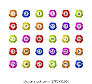 Vector set of colorful lottery balls isolated on white background, different numbers and colors, icons collection, gamble game concept.