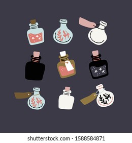Vector set with colorful magic cartoon bottles and love potions. Vector illustration. Magic elixir hand drawn collection isolated on dark. Scandinavian style magician square banner, poster