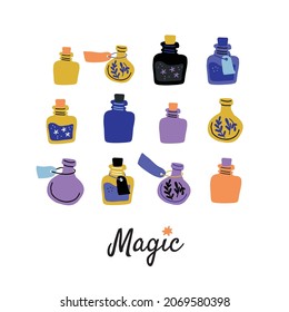 Vector set with colorful magic cartoon bottles and love potions. Vector illustration. Magic elixir hand drawn collection isolated on white. Scandinavian style magician square banner, poster