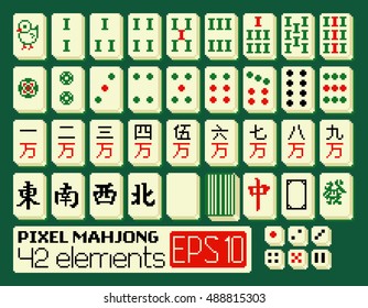 Vector set of colorful mahjong elements in pixel style: simple tiles, dragons, winds, empty tile, shirt and dice