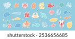 Vector set of colorful marine life in the ocean. Includes sea creatures like fish, crabs, and starfish among aquatics plants. Great for underwater themed designs.