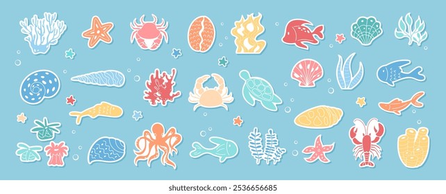 Vector set of colorful marine life in the ocean. Includes sea creatures like fish, crabs, and starfish among aquatics plants. Great for underwater themed designs.