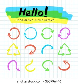 Vector set of colorful marker arrows on checked paper. Hand drawn doodle arrows and pointers for your design