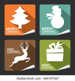 Vector : Set of Colorful Merry Christmas and Happy New Year Greeting Card on Square Peeling Sticker