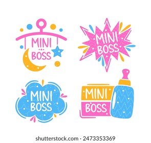 Vector Set Of Colorful Mini Boss Logos, Labels Or Badges Perfect For Kids And Baby Products. Cloud, Bottle And Burst