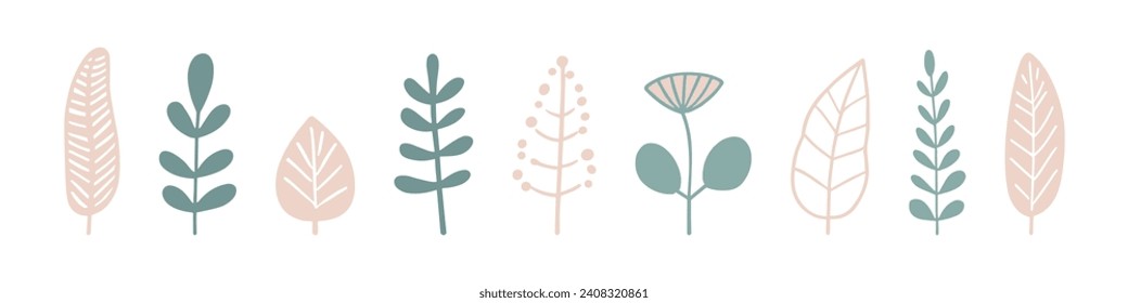 vector set of colorful minimalistic botanical illustrations including different leaves and flowers.