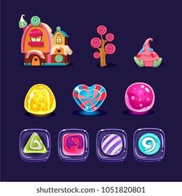 Vector set of colorful mobile game assets. Glossy caramel candies of various shapes, gingerbread house, sweet tree. Cartoon elements for gaming interface