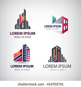Vector set of colorful, modern office, company buildings, skyscrapers logos, icons isolated. Identity