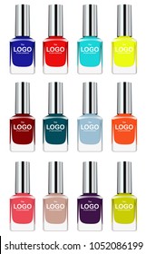 Vector set of colorful nail polish. Glass jars with silver caps. Multicolored nail polish vector set isolated on white.