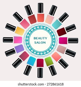 Vector  Set of colorful nail polish bottles. Nails art beauty salon background - Illustration