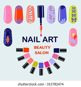 Vector  Set of colorful nail polish bottles. Nails art beauty salon background - Illustration