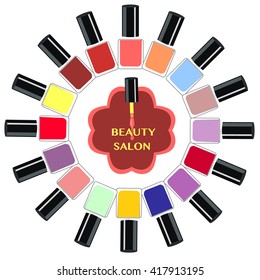 Vector Set of colorful nail polish bottles. Nails art beauty salon background - Illustration